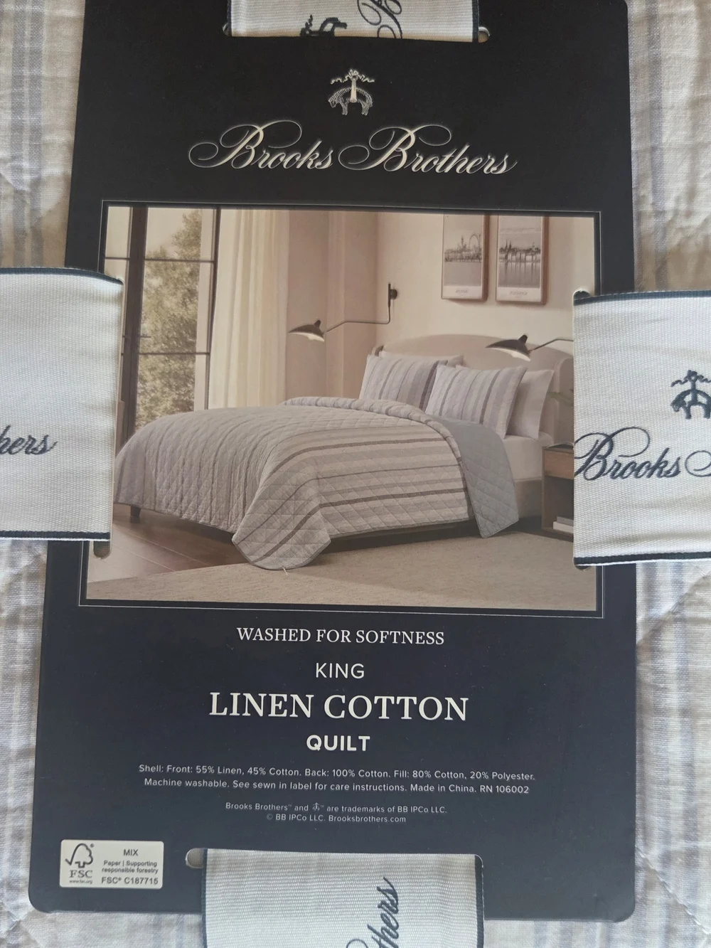Brooks Brothers King Linen Cotton Quilt - White with Blue Stripe